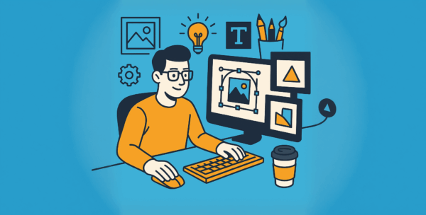 A cartoon image of a man in front of a computer generating images.